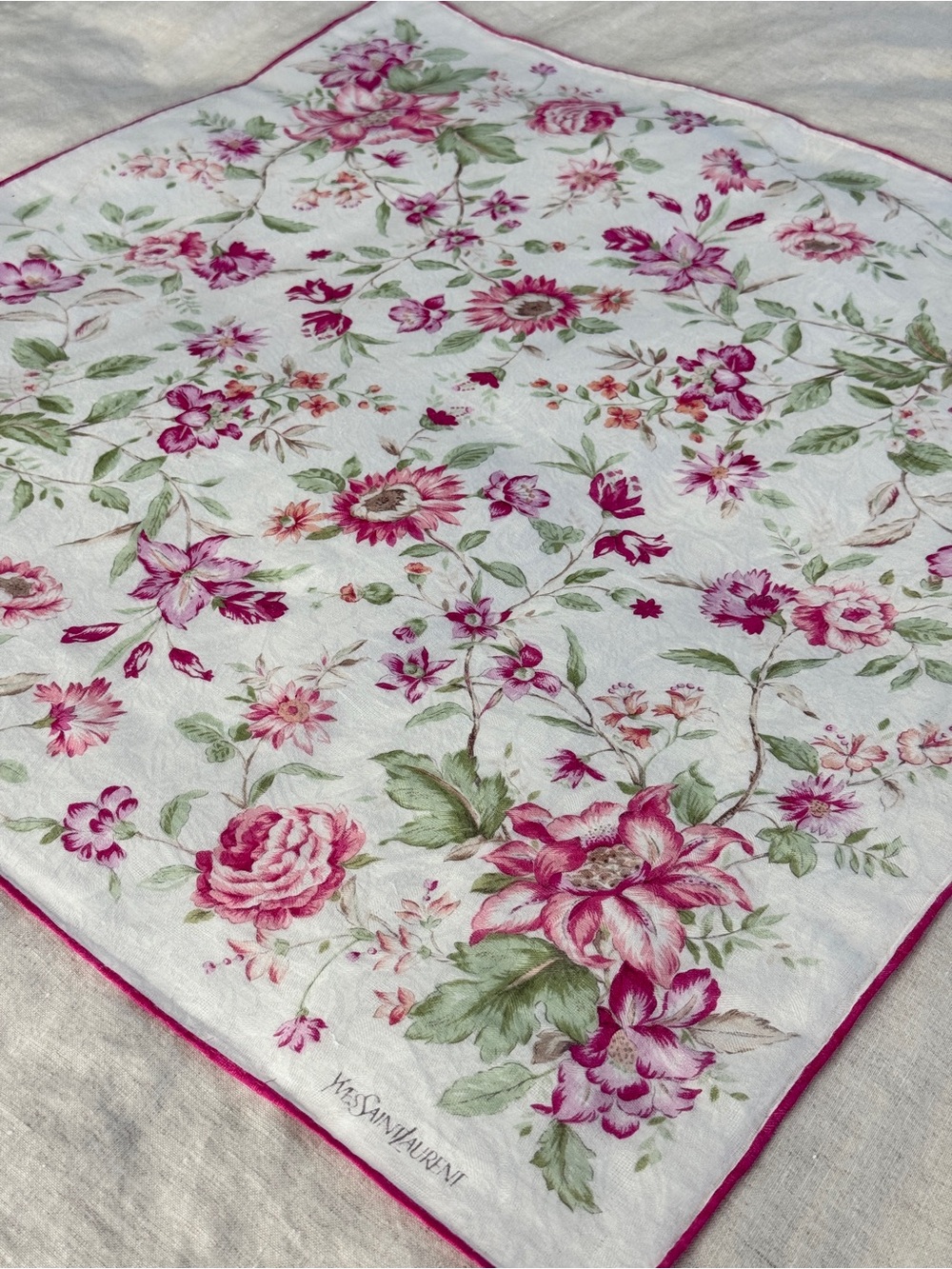 Vintage YSL Romantic Pink Floral Rose Cotton Bandana Scarf Made in Japan - Picture 1 of 9